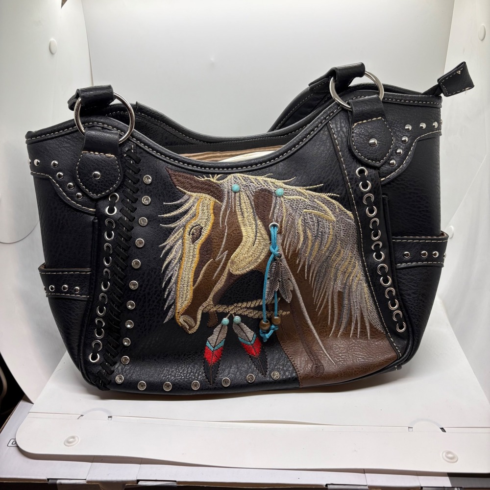 Western Horse Embroidered Studded Black Faux Leather Hobo Shoulder Bag Purse